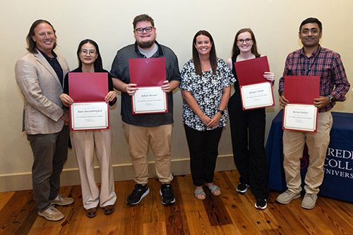 From left, Kevin Macaluso, Ph.D.; Nam Suwanbongkot; Killian Brewer; Allyson Shea, Ph.D.; Meagan Taylor; and Shovon Lal Sarkar.