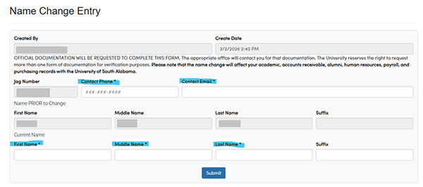 Name Change Entry Screenshot