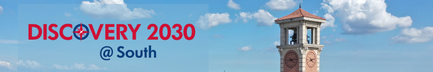 Discovery 2030 @ South with a blue sky and the top of the USA Moulton Bell Tower in the background.